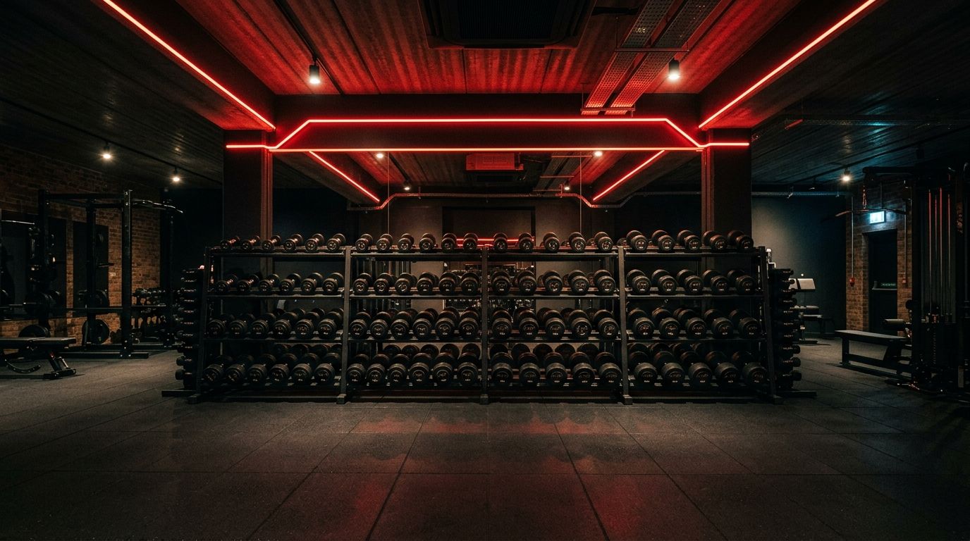 Dumbbell and free weight rack wall at Mega Gym