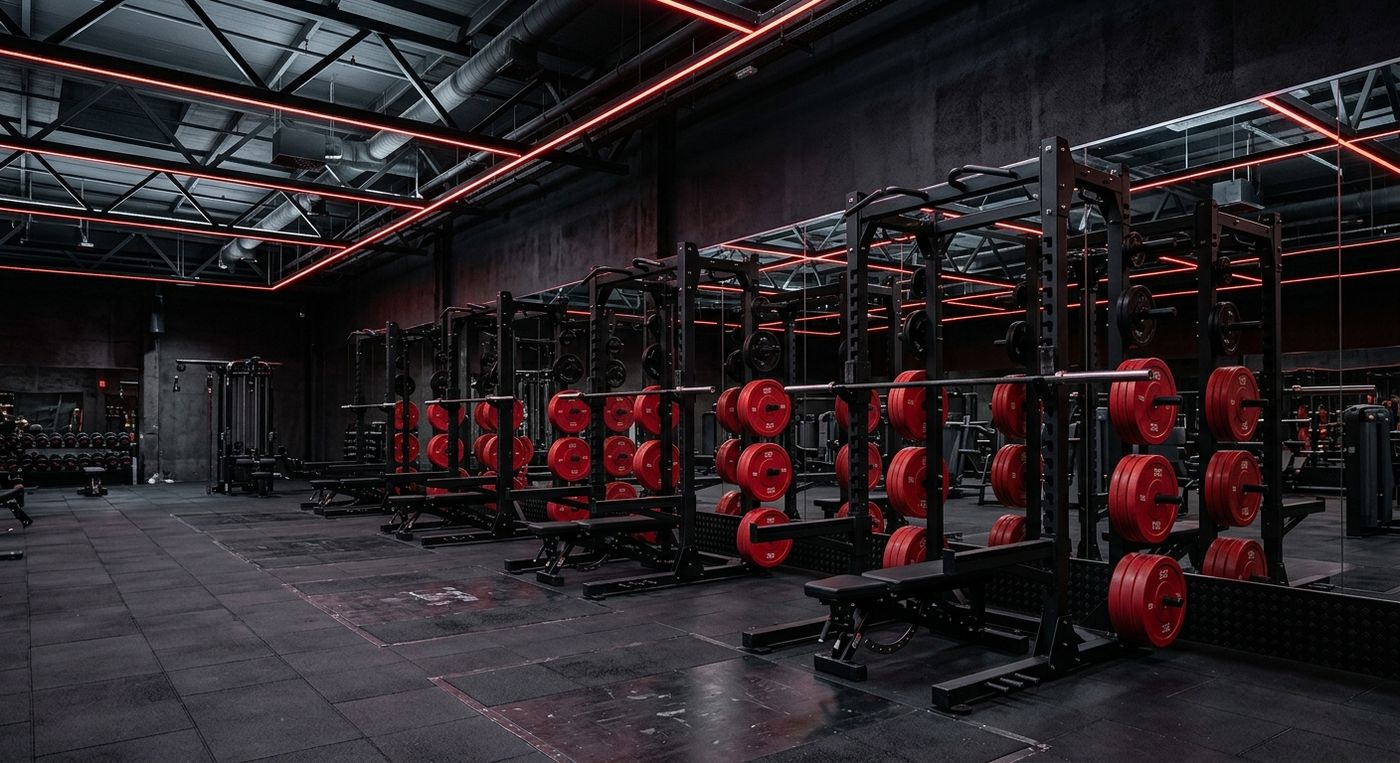 Row of power racks and squat stations at Mega Gym