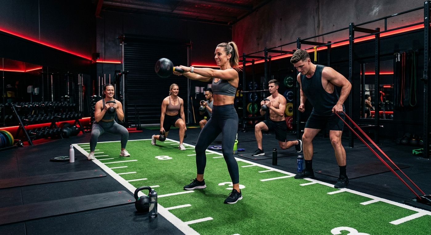 Group fitness class on the turf zone at Mega Gym