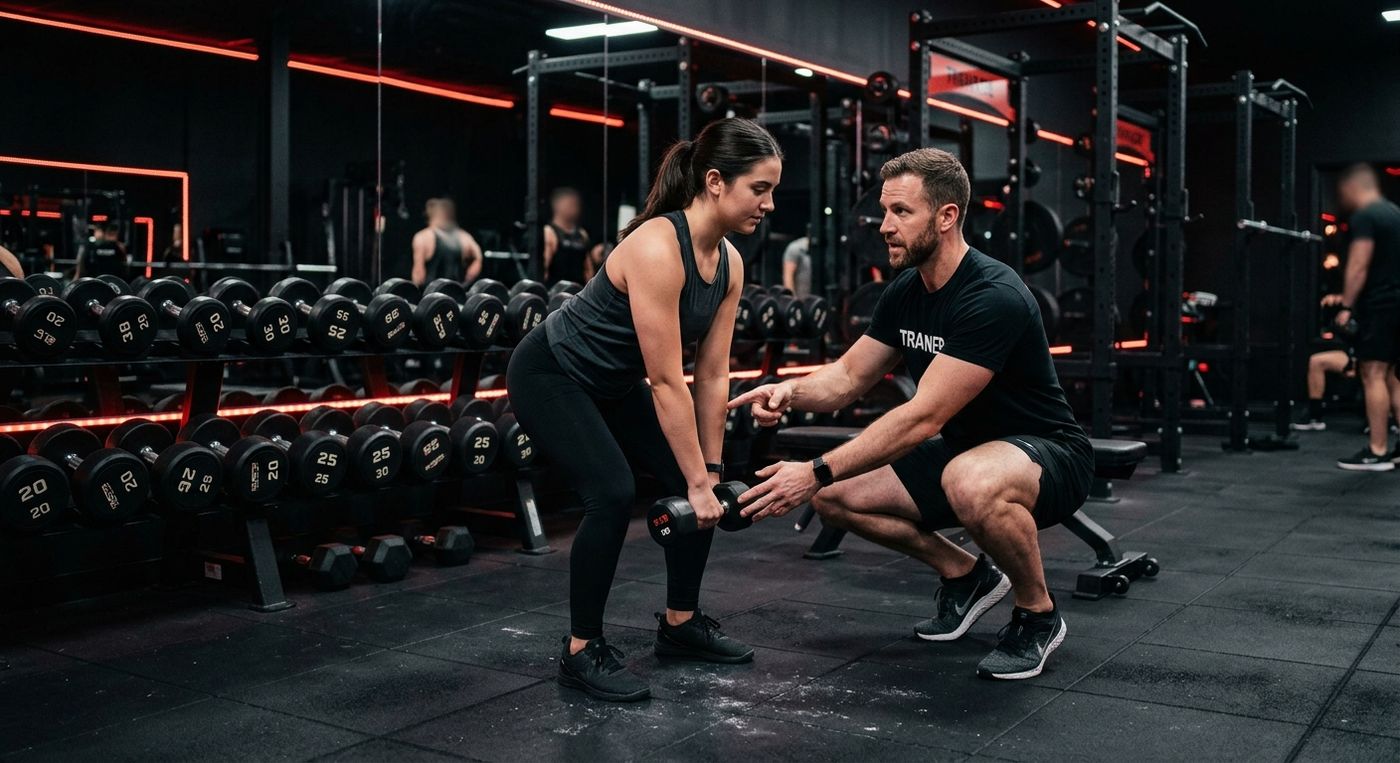 Certified trainer coaching a client at Mega Gym