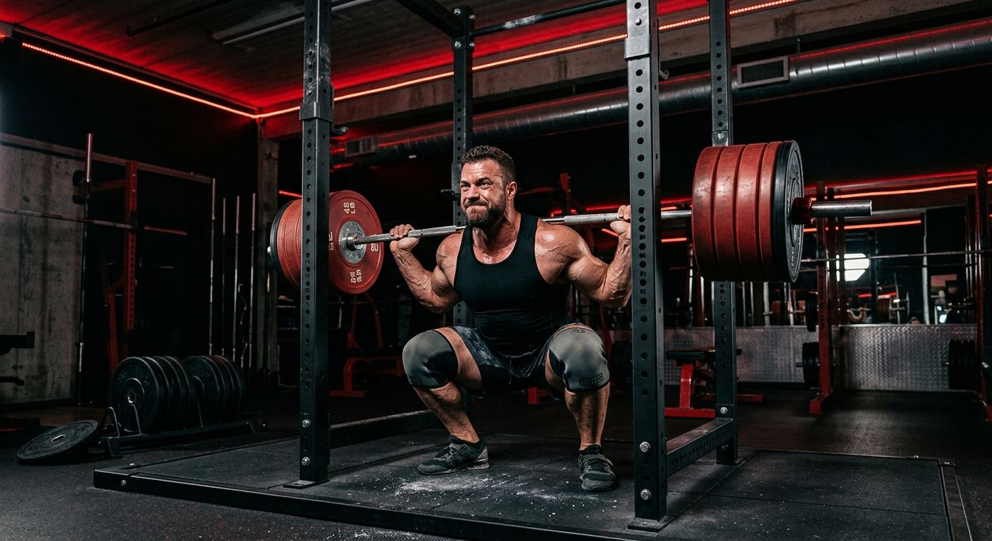 Heavy barbell squat, strength building at Mega Gym